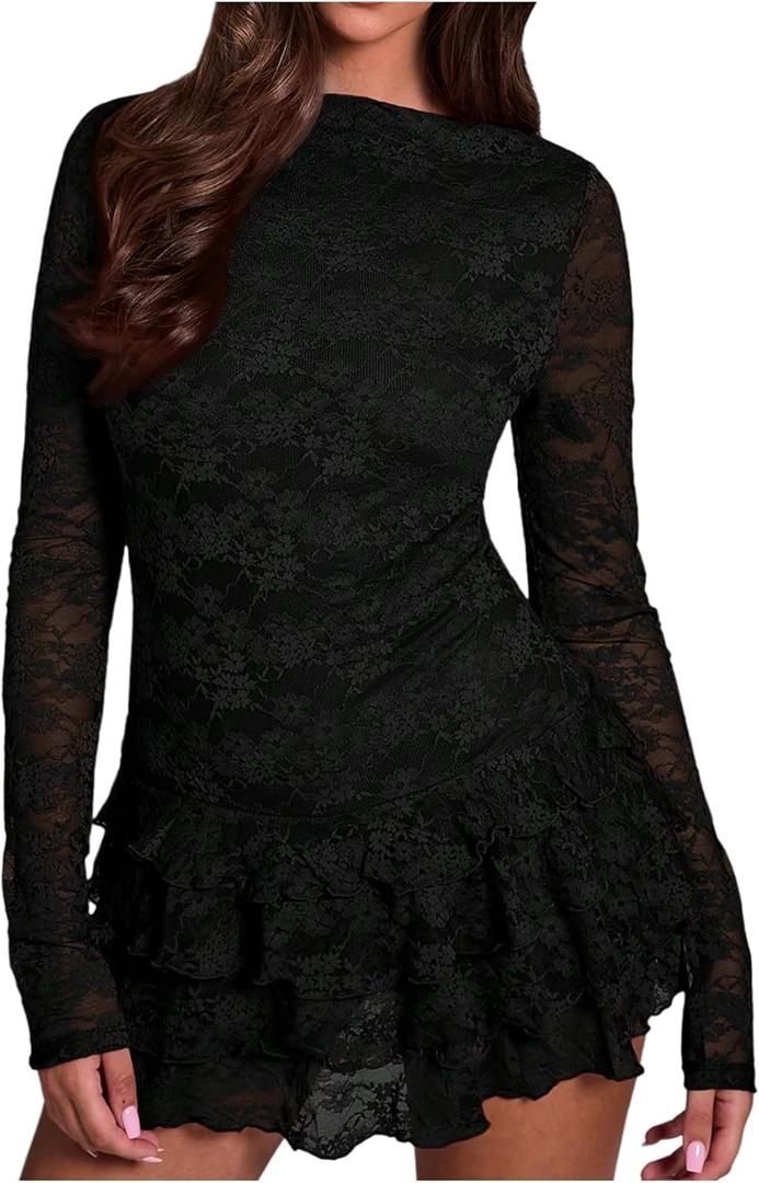 Verdusa Women's Floral Lace Wedding Guest Dresses Long Sleeve Layered Ruffle Mini Dress Date Night Outfit L