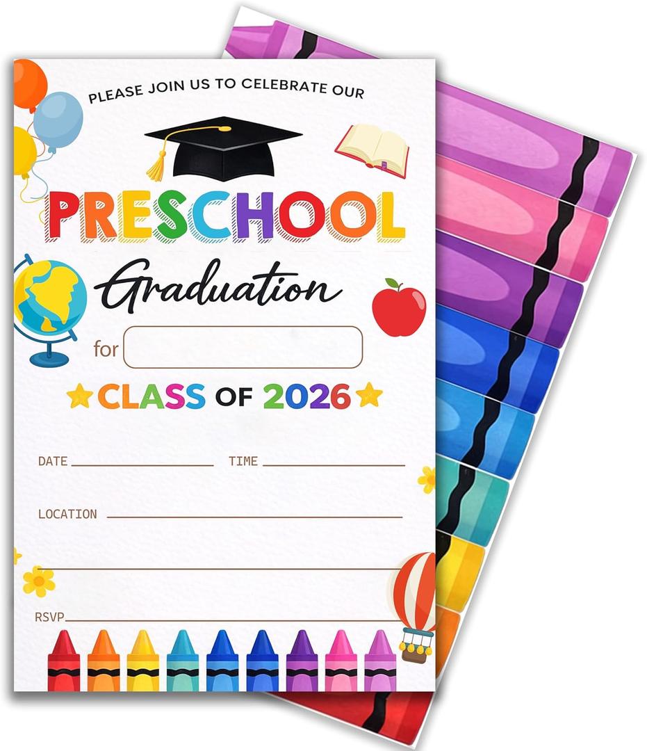 Preschool Graduation Invitations, Class of 2026 Preschool Graduation Party Invites, Colorful Kids Graduation Cards with Envelopes, Pre K Graduation Invitation, 4x6 Inches.(025)