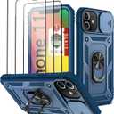 Case for iPhone 11, for iPhone 11 Case with 3 Pcs Tempered Glass Screen Protector Built in Ring Stand Kickstand + Camera Cover, Hard PC Soft TPU Defender Full Body Protective Armor Case Cover - Blue