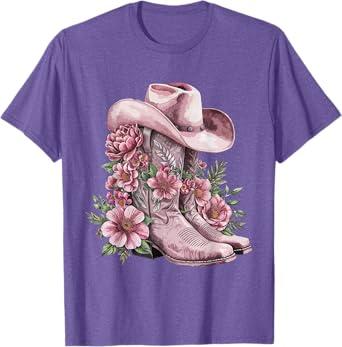 Watercolor Cowgirl Floral Boots Hat Western Boots Boho Women T-Shirt Large