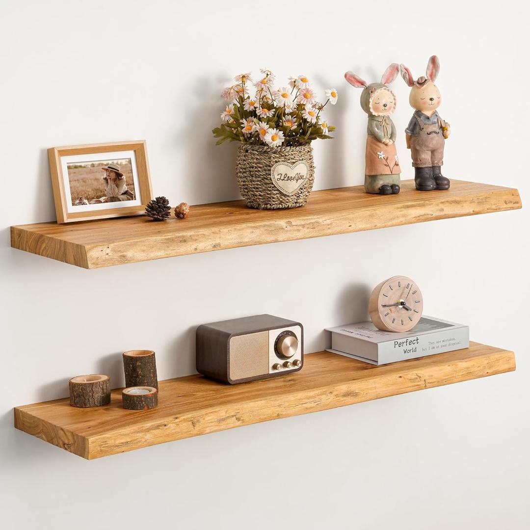 Floating Shelves Set of 2, Solid Elm Wood Wall Shelves 36 Inch - Invisible Bracket Mount for Living Room, Bedroom, Kitchen, Bathroom - Natural