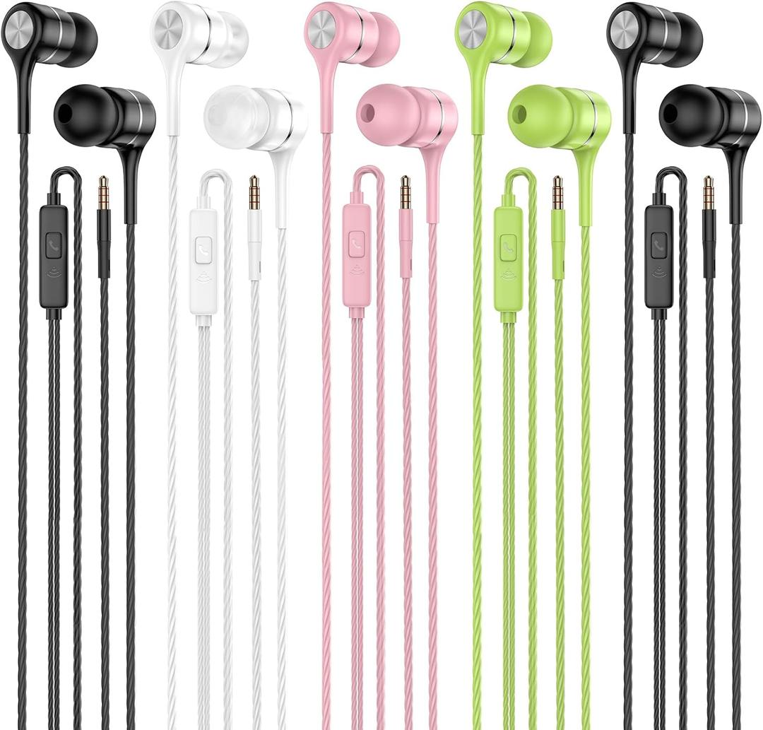 Earbuds Earphones with Microphone, 5 Pack Wired Heavy Bass Headphones, Earphone with Noise Isolating, Fits 3.5mm Interface for iPad, Desktop (Green+Black+White+Black+Pink)