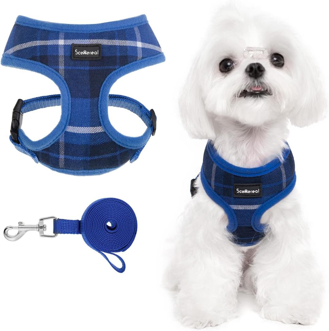 SCENEREAL Puppy Dog Harness with Leash Set for Small Medium Sized Dogs, Soft Mesh Pet Harnesses and Leash, No Chock Plaid Adjustable No Pull Vest for Dogs Cats, Chihuahua,Bulldog (Blue S) (S: Chest Girth: 14"-18")