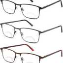 3 Pack Bifocal Reading Glasses for Men, Blue Light Blocking Computer Readers,Anti UV Ray/Eye Strain/Glare, Wide Metal Frame Eyeglasses with Pouches(175 Magnification Strength) (Black Gun Brown)
