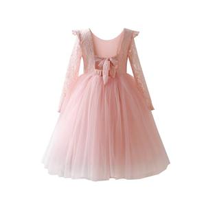 Tutu.kk Kid Girls Tutu Dress Lace Bow Tie-Back Straight Tulle Long Sleeve Flower Girl Dresses for Party Pink 6-8T