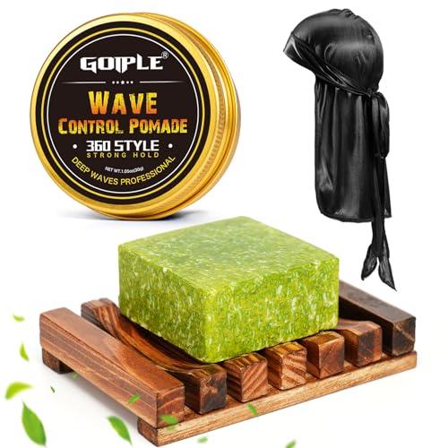 Wave Pomade Soap Shampoo Bar & Wooden Holder for Men - 360 Wave Greasy Strong Hold Easy Wash 360 Training Hair Cream - Waves Silky Satin Durag Extra Long Tails Waves Cap Waves Kit for Black Hair