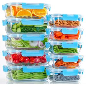 UMEIED 10 Pack Glass Food Storage Containers with Lids Leakproof, Airtight Glass Meal Prep Containers For Lunch, On The Go, Leftover, Dishwasher Safe (Blue)