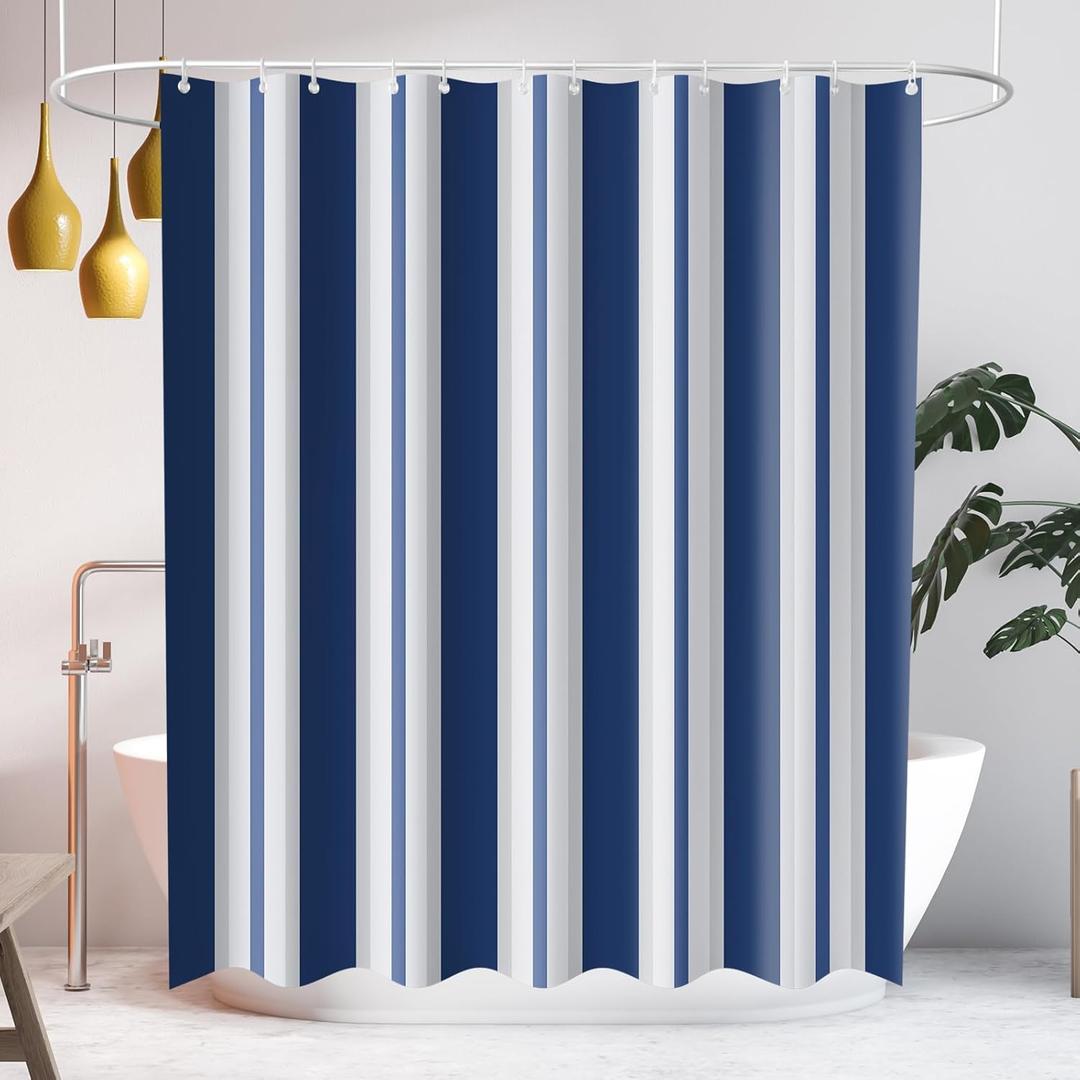 SASTYBALE Boho Farmhouse Shower Curtain, Water Resistant Vintage Fabric Bathroom Curtains, Machine Washable Country Abstract Style for Bathtub Decor with 12 Hooks, 72x72 Inch (Blue Stripe)