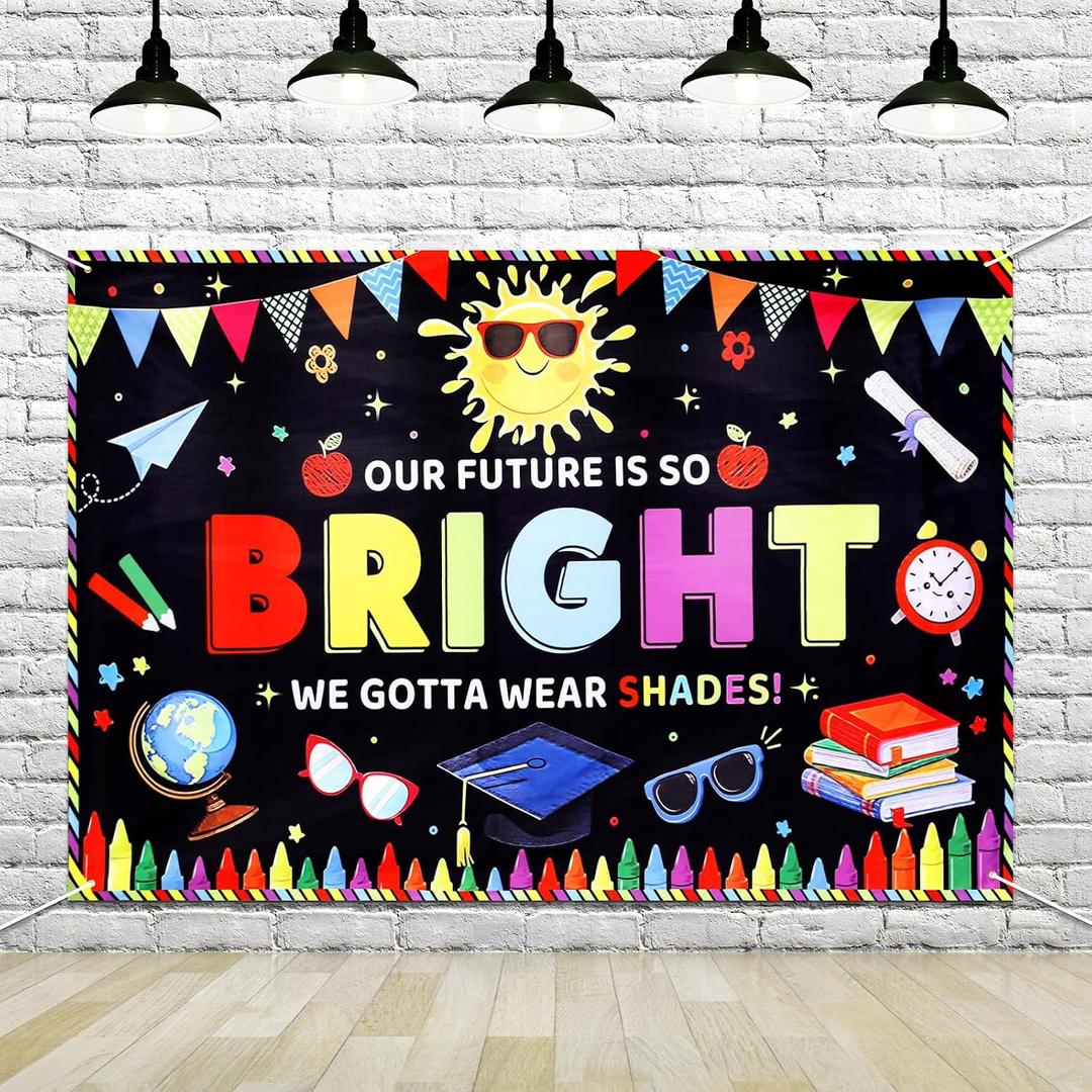 Tingjoo 7x5ft Preschool Kindergarten Graduate Backdrop Our Future is So Bright We Gotta Wear Shades Black Colorful Photography Background Class of 2026 Congratulate Graduation Party Decoration Banner