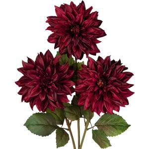 Hollyone 3Pcs Dark Red Fake Dahlia Flowers Fall Flowers Artificial for Decoration Silk Flower with Long Stem 28" Floral Arrangements Bouquets Autumn Faux Dahlias Centerpieces Fall Decorations for Home