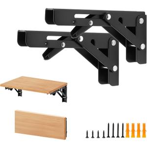 6 Inch Folding Shelf Brackets, 4 Pack (2 Pairs) Heavy Duty Metal Collapsible Wall-Mounted Brackets, Space-Saving DIY Foldable Shelf for Benches and Tables, Matte Black