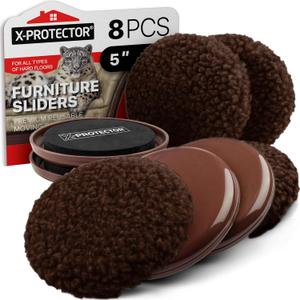 Furniture Sliders X-PROTECTOR - 4 Pack 5" - Brown Multi-Surface Furniture Sliders for Carpet & Hard Floors - 4 Furniture Movers for Carpeted Floors and 4 Hardwood Socks - Move Furniture Easily!