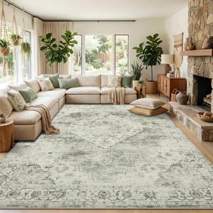 Garvee Sage Green 9x12 Area Rugs for Living Room, Boho Vintage Non-Slip Washable Rug Low Pile Stain Resistant Soft Foldable Large Carpet for Bedroom Dining Home Decor