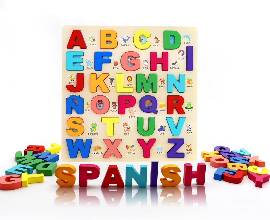 Mayaphilos Wooden Alphabet Puzzle, Learn Spanish for Kids with 27 Spanish Letters, Colorful ABC Shape Puzzles for Kids, Preschool Educational Learning Toys for Girls and Boys