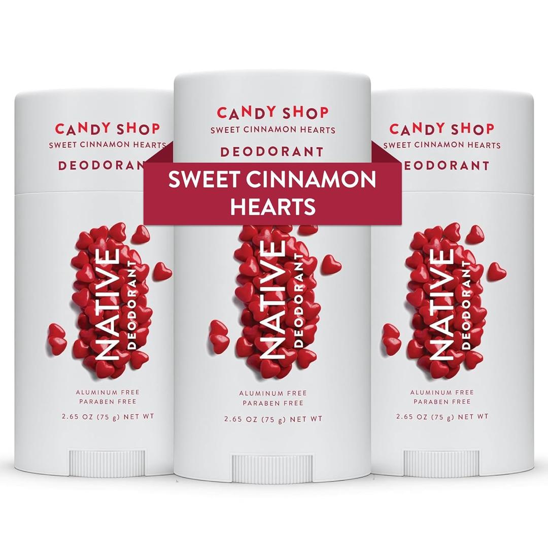 3 Pack Native Deodorant,  72 Hour Odor Control,  Seasonal Scents for Women and Men, Aluminum Free with Baking Soda, Coconut Oil & Shea Butter,  Candy Shop Sweet Cinnamon Hearts 2.65 oz (75g), Desert Grass & Sandalwood 2.65 oz (75g), Toasted Marshmallow & Vanilla 2.65 oz (75g), 3 Pk