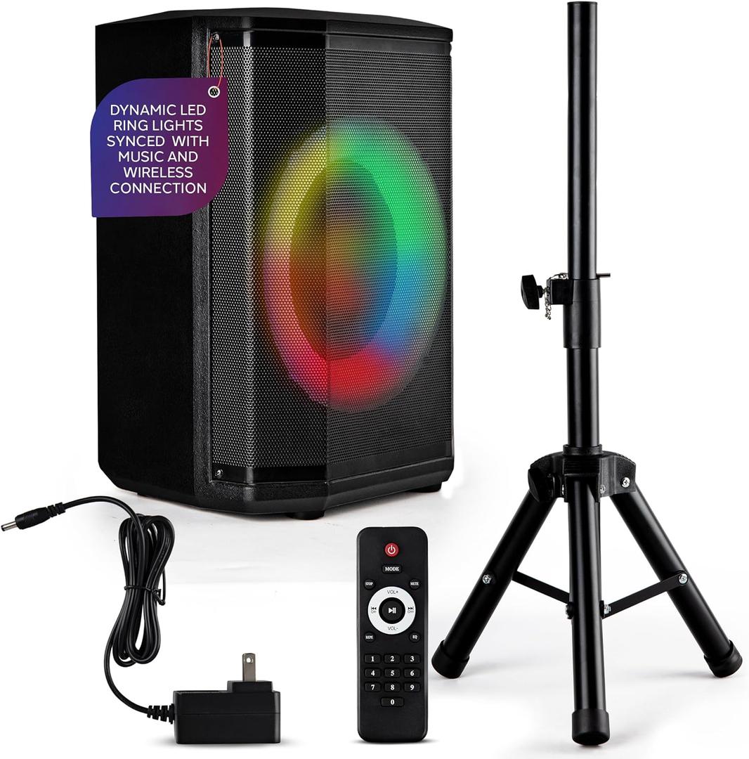Pyle Portable Bluetooth Speaker with 8" Inch Woofer, TWS Function, Mic Input, USB/Micro SD/FM Radio, Colorful Ring Lights, 120W Rechargeable Battery, Tripod Stand, Hi-Fi Sound, Indoor/Outdoor Use