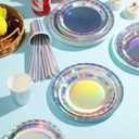 Iridescent Party Supplies Decorations, Holographic Paper Plates and Napkins Set, Disposable Iridescent Paper Plates Cups Knives Spoons Fork Straw for Mermaid Birthday Wedding Party, Serve 50