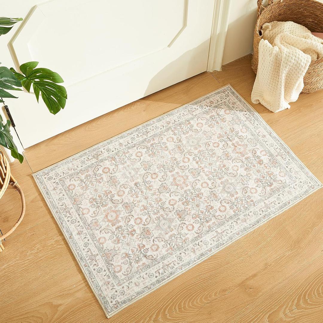 WITSHOCK Washable 2x3 Entryway Rug: Vintage Area Rugs Non Slip Carpet Retro Floral Door Mat for Bedroom Kitchen Living Room Entrance, Small Soft Thin Rug, Camel/Beige