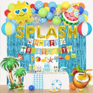 Summer Pool Beach Party Decorations, Splash Birthday Bash Party Supplies Tropical Summer Banner Beach Ball Lantern Fringe Curtain Foil Balloons Arch for Swimming Water Luau Hawaiian Party Decor(Blue)