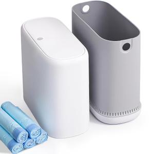 3 Gallon Slim Small Bathroom Can with Lid, White Dog Proof Garbage Can with Air-Press Bag Expander & Removable, Narrow Bathroom Waste Basket for Bedroom, Office, Dorm