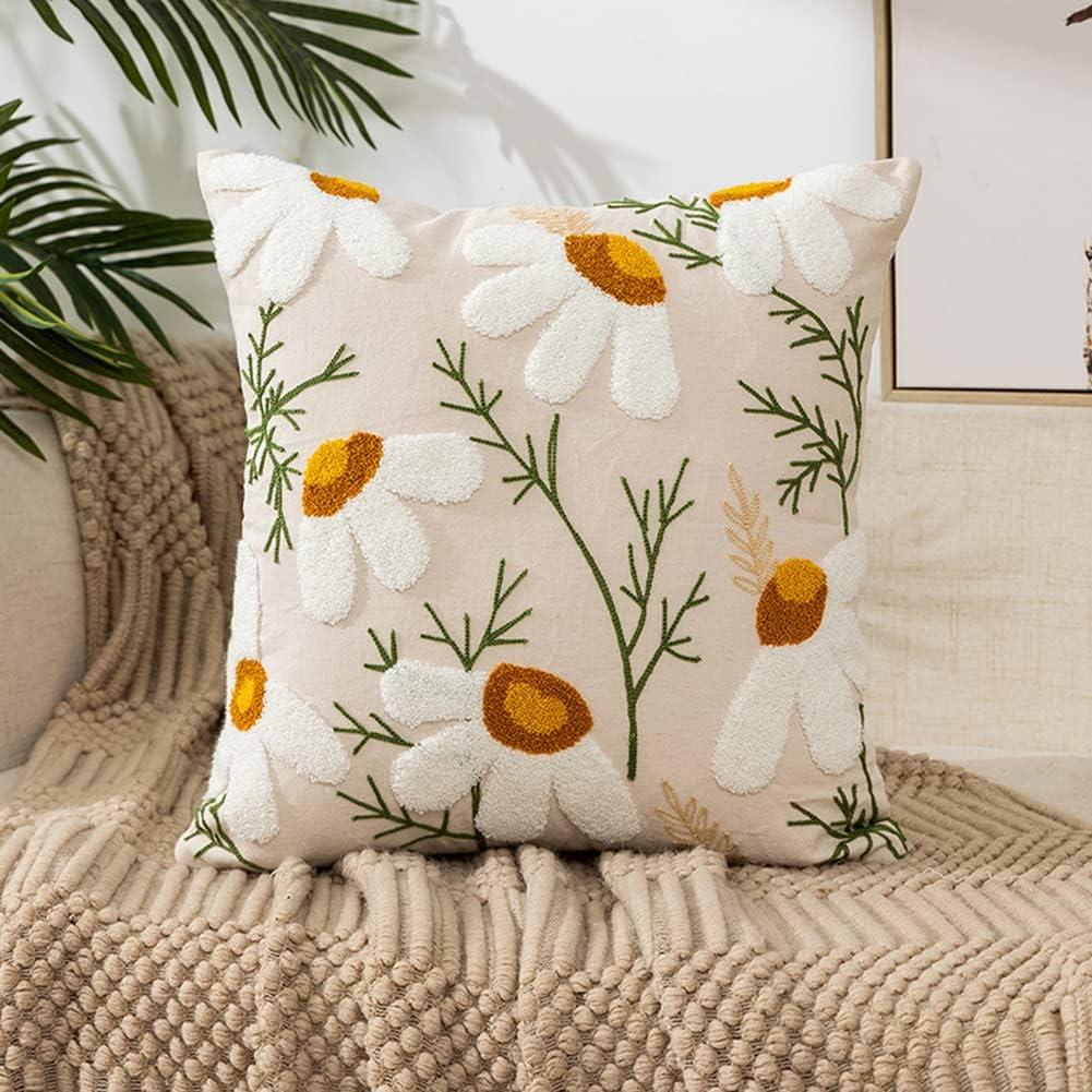 vctops Farmhouse Embroidered Throw Pillow Cover Floral Tufted Woven Decorative Pillowcase Square Accent Cushion Cover for Sofa Couch Bedroom, No Insert (Floral F,45"x45") 1 Pack
