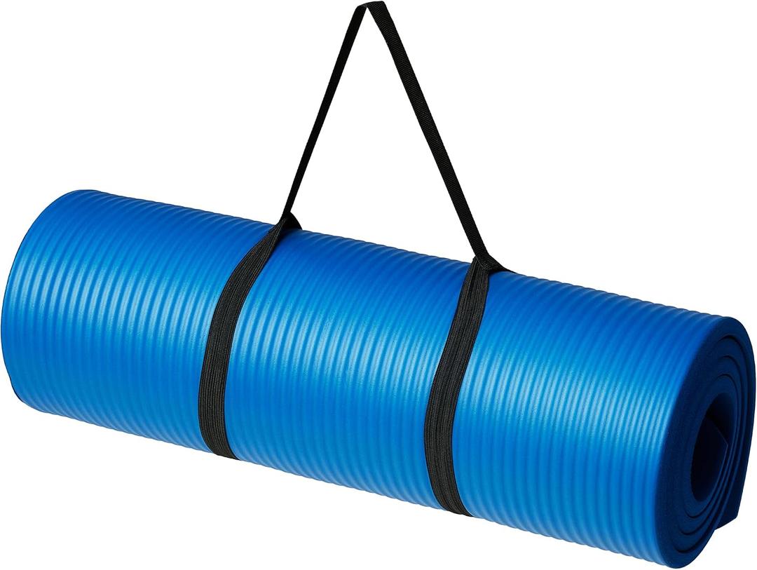 Amazon Basics 1/ 2 Inch Extra Thick Exercise Yoga Mat with Carrying Strap for Home Workouts and Fitness, Non-Slip, Cushioned Support, 74" x 24" x 0.5", Blue