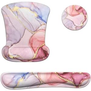 Wrist Rest Support Ergonomic Gel Mouse Pad & Memory Foam Keyboard Set Non-Slip Rubber PU Base Easy Typing and Relieve Wrist Pain Mouse Mat for Computer Office - Pink Marble