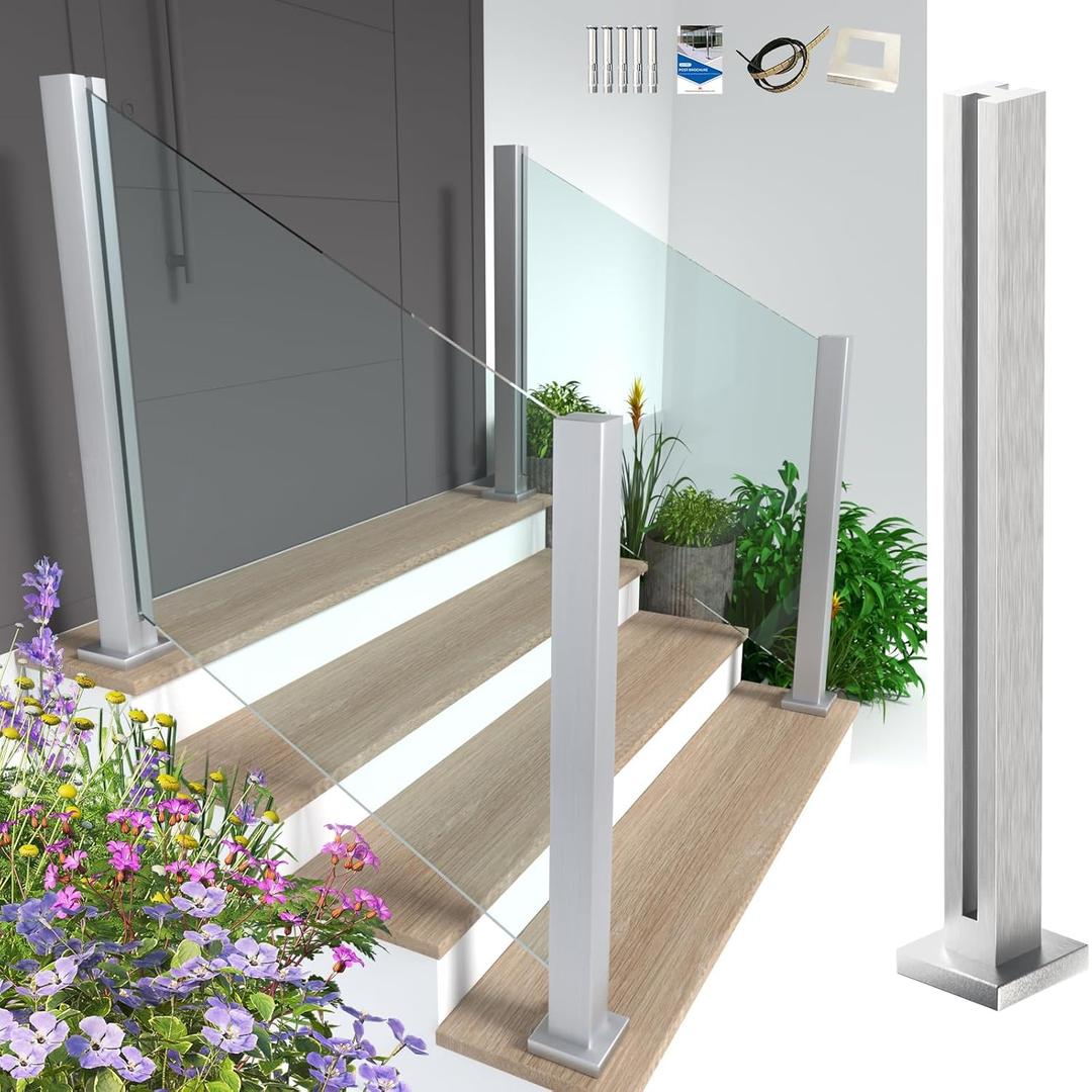 Glass Railing Post, 23.6"/304 Stainless Steel/Polished Glass Railing with T Spigot Slots&Base, Glass Railing System Clamp Bracket for Balustrade, Balcony, Stairs, Deck, Patio, 60cm (23.6" / 60 cm, Silver-Mid Post)