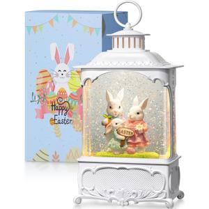 Easter Snow Globe Bunny Snow Globe Lantern with Timer, USB and Battery Powered Easter Decorations for Home Bunny Family 10.2 inch
