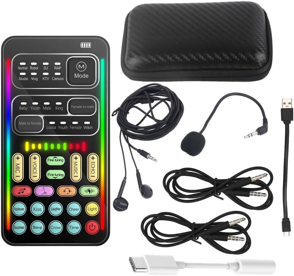 Portable Real-Time Voice Changer Sound Card Set  8 Voice Effects, 10 Sound Modes, Gaming Voice Changer, Compatible with PC, PS5, Xbox, Switch, Android, and iOS (Black with Box)