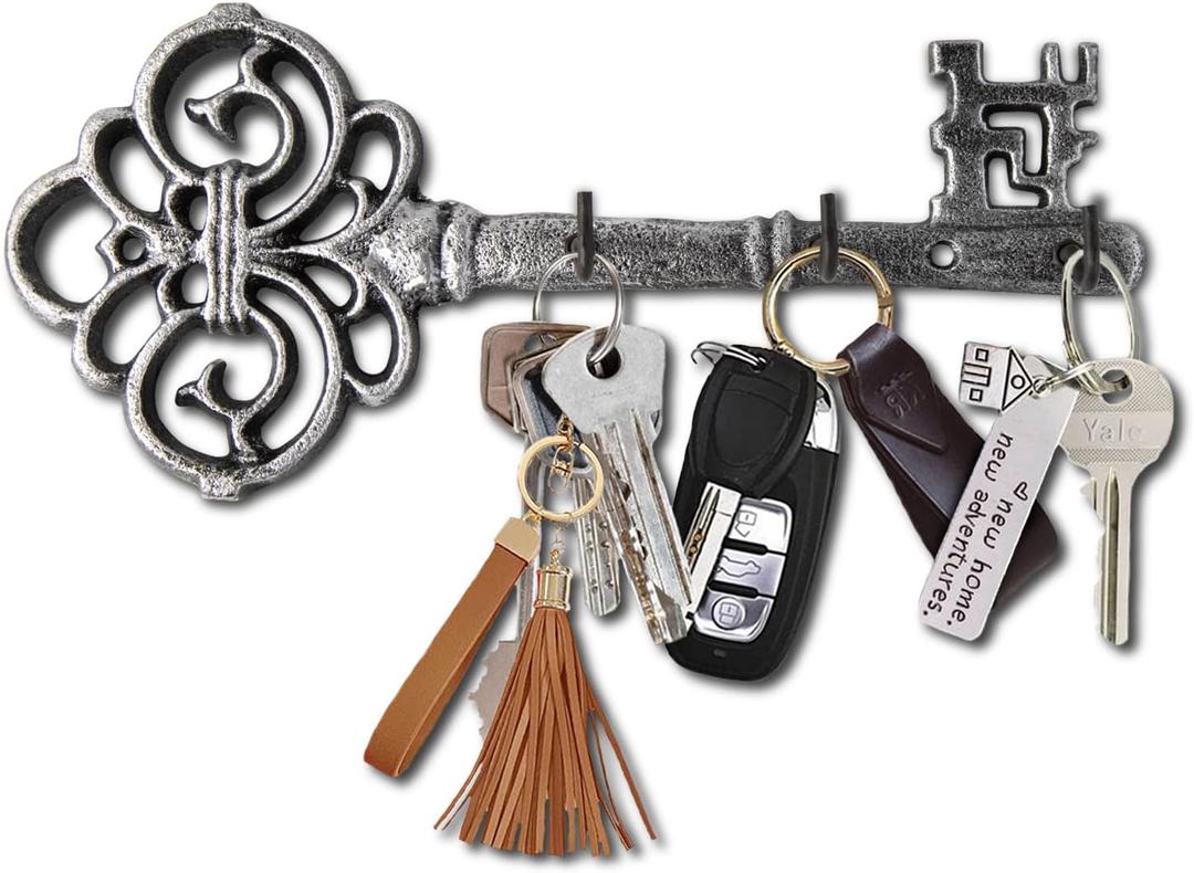 Comfify Cast Iron Skeleton Key Holder - Decorative Farmhouse Rustic Wall Mount Key Organizer - 3 Key Hooks - Vintage Key Rack for Entryway with Screws & Anchors  10.8 x 4.7 - Silver with Black