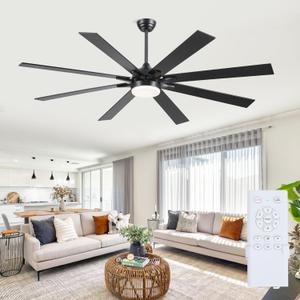72 Inch Large Ceiling Fans with Lights and Remote, Indoor/Outdoor Black Modern Industrial Ceiling Fan with light for Living Room Patios Porch, Reversible Quiet Motor, 8 Dual Finish Blades