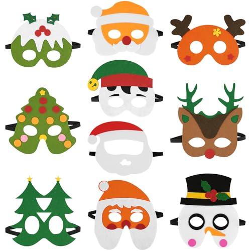 IWNTWY Christmas Felt Masks for Kids Girls Boys, Cosplay Masquerade Party Eye Mask with Elastic Rope, Include Snowman, Santa Claus, Reindeer, PineTree Mask, 10 Styles