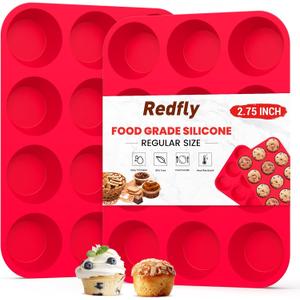 Redfly 2 Pack Silicone Muffin Pans for Baking & Cupcake Pan - 12 Cup Regular Size Silicone Molds, BPA Free Egg Bites Mold