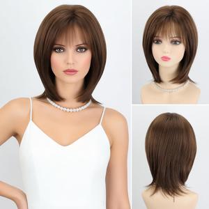 RENERSHOW Layered Mid-length Brown Bob Wig with Bangs Straight 12 inch Synthetic Hair Wigs for Women Mix Color Natural Average Size Daily Party Wig