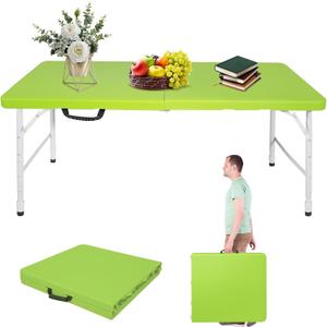 Portable 4Ft Folding Table, Heavy Duty Plastic Fold-in-Half Utility Foldable Table Small, Adjustable Height Plastic Folding Table with Carrying Handle for Camping & Party Indoor/Outdoor(Green)