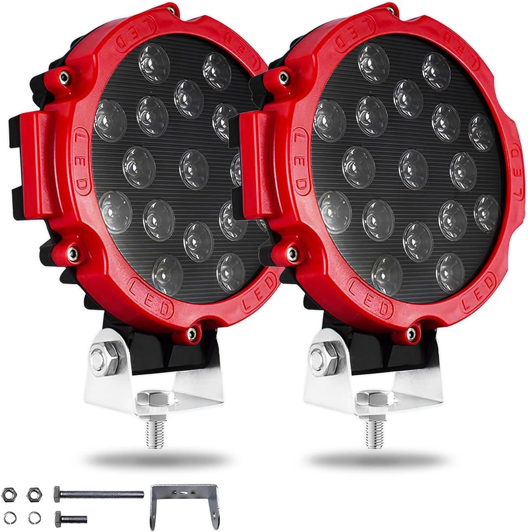 7 Inch Round Off Road LED Lights 51W 5000LM Spot & Flood Combo IP67 Waterproof Driving/Fog Lights for Trucks, Jeep, SUV, ATV, UTV, 4x4, Boat 2 Pack Red