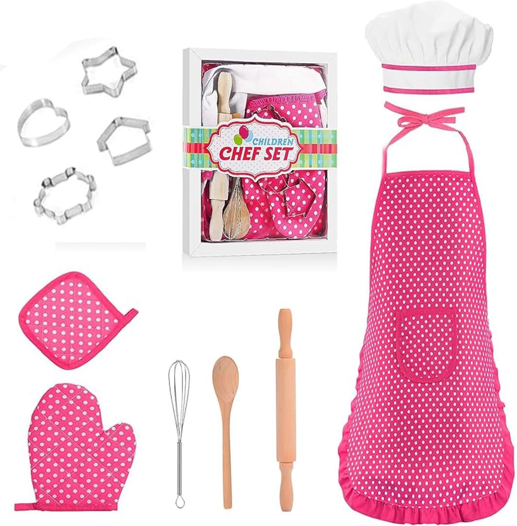 Kids Baking Sets for Girls ,Chef Costume Kids and Ttoddler Apron for GirlsKid Apron and Chef Hat SetPopular Gifts for 2-8 Year Old Stocking Stuffers