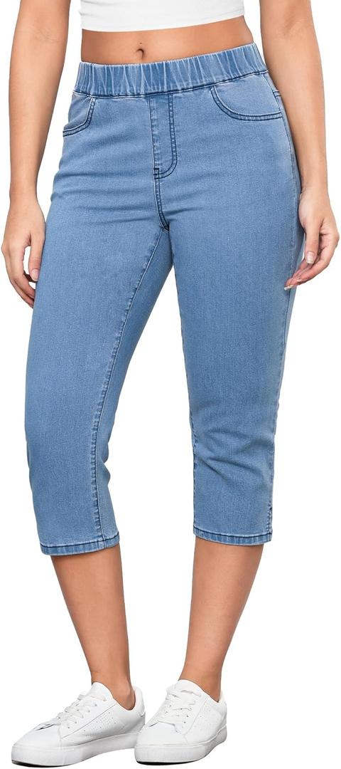 GRAPENT Capris Jeans for Women High Waisted Trendy Pull On Elastic Waist Split Hem Skinny Stretchy Denim Capri Pants (Large, Breezy Blue)