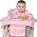 MOTEERLLU Coverall Baby Feeding Bib for Eating,Long Sleeves Bib Attaches to Highchair and Table,Weaning Bibs (Pink Sleeved)