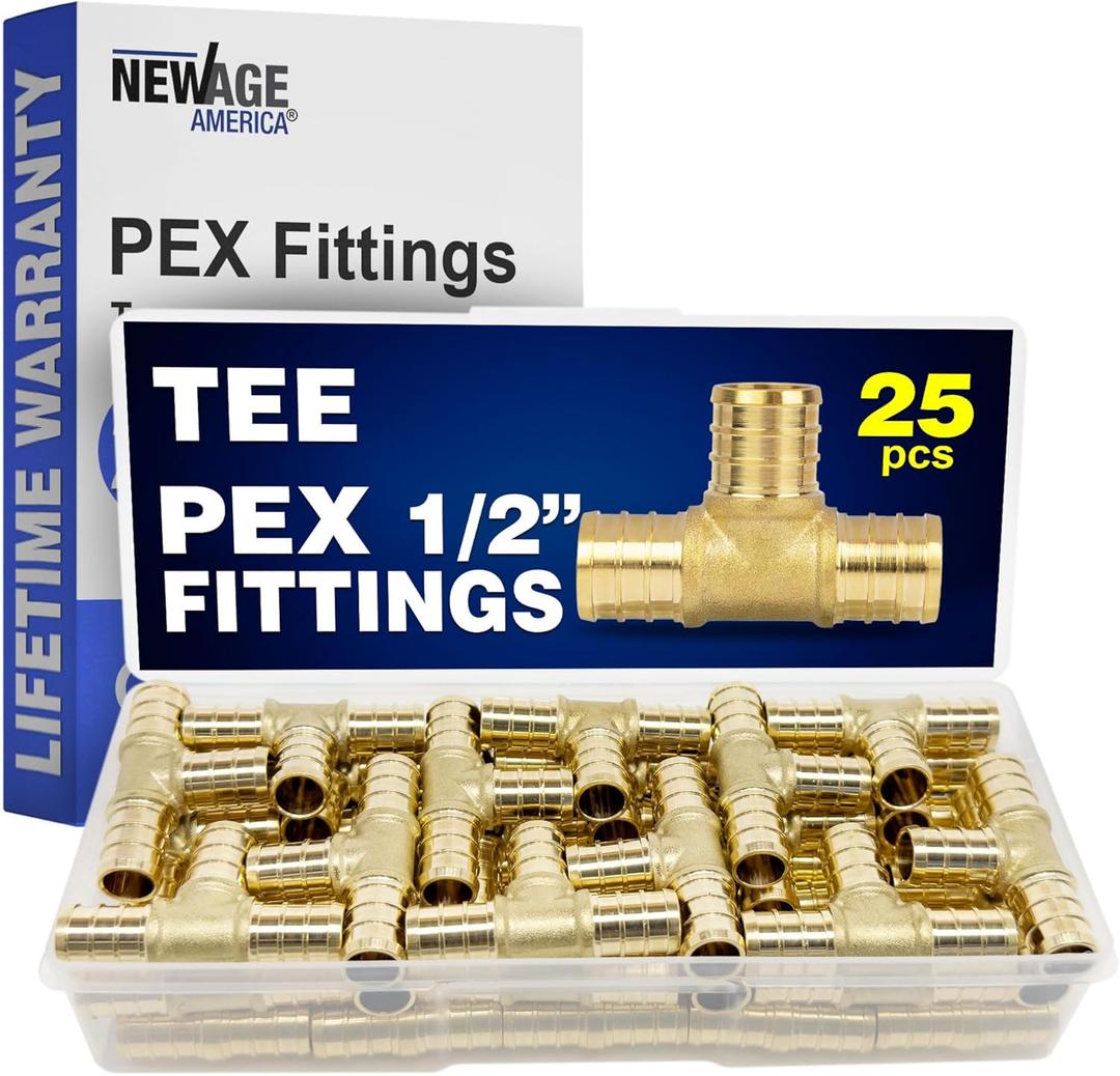 New Age America 25pcs 1/2" Tee PEX Fittings AquaFlow 360 | 25 PC | Brass | Barb PEX Fittings for Pipe | Lead-Free Brass | NSF, UPC, CUPC, ASTM F1807 Certified