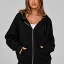 MASCOMODA Women Zip Up Hoodie Trendy Oversized Sweatshirt Casual Long Sleeve Fleece Jacket Fall Outfits Fashion Clothing (Black)