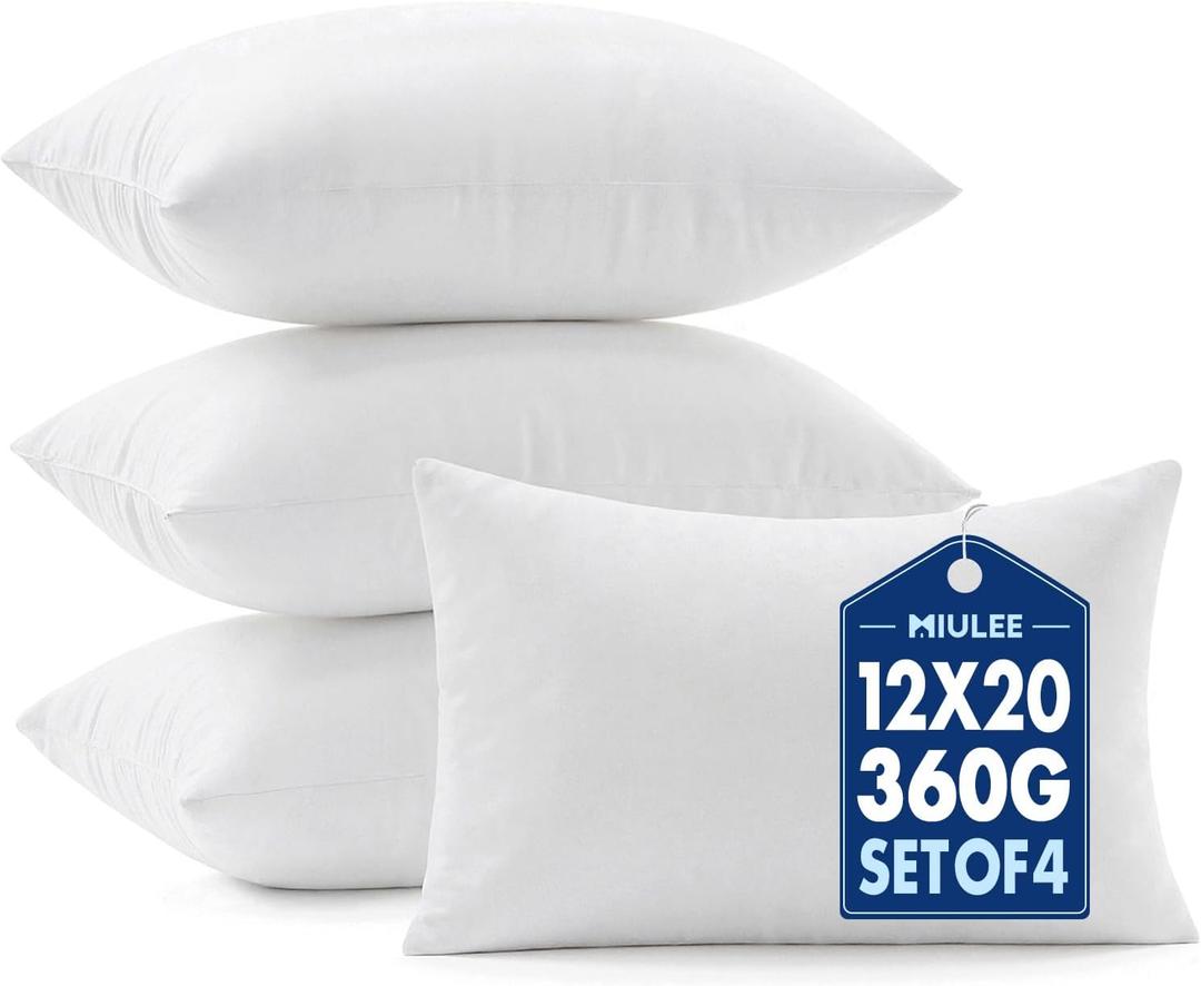 MIULEE Pillows Inserts, Pack of 4 12x20 Inch 100% Virgin Microfiber Filling Throw Pillows for Bed Couch Sofa