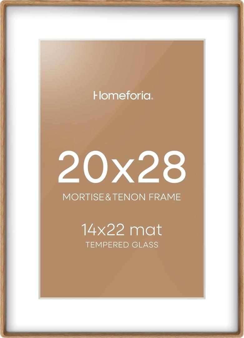 20 x 28 Natural Wood Frame, Mortise & Tenon Light Oak 20x28 Picture Frames with Mat 14x22 for Wall, 28 x 20 Solid Wooden Frame Matted to 14 x 22 inch Photo, Tempered Glass, Wall Kit, Set of 1
