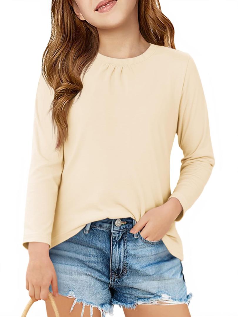 Haloumoning Girls Long Sleeve Tees Kids Casual Crewneck Pleated T Shirts Cute Fall Tops 5-14 Years Beige