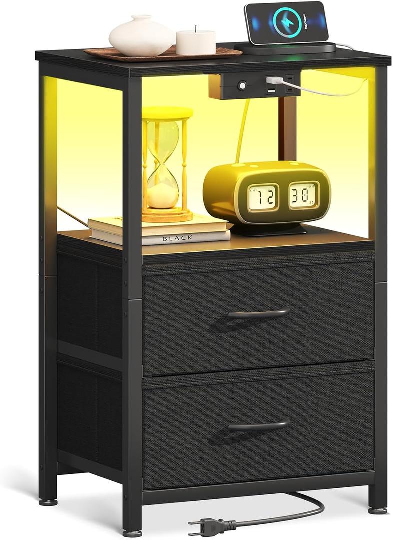 Casaottima Night Stand with Charging Station and LED Lights, End Table for Bedroom with 2 Fabric Drawers, Small Nightstand with Storage Shelf, Bed Side Bedside Table, Black