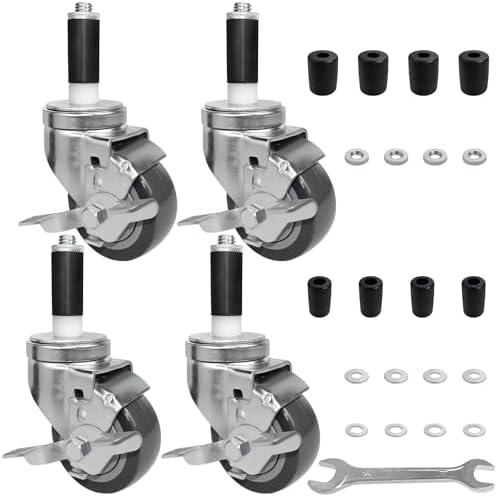 MySit 3 Inches Prep Table Wheels Set of 4, Expanding Stem Casters with Side Brake Fit 7/8", 1", 1-1/8", 1-1/4", 1-3/8"ID Tube Pipe Legs for Stainless Steel Kitchen Cart, Wire Shelving Racks