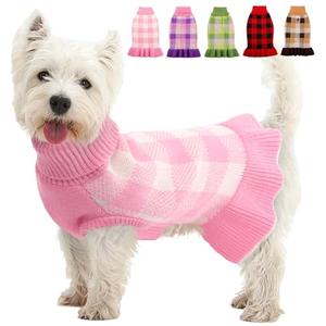 Dog Sweater Dress Plaid Knitwear for Small Medium Dogs Warm Puppy Pet Turtleneck Stretch Pullover Cute Fall Winter Vest Clothes with Leash Hole for Christmas (Pink, XS)