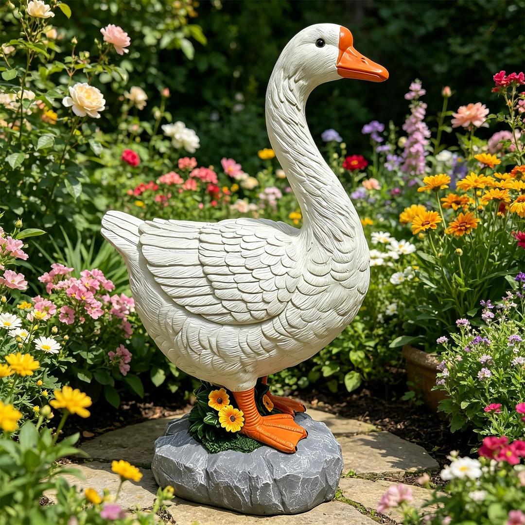 Large Porch Goose Statue Premium 20” Realistic Hollow Resin Garden Goose Stone Base with Sand-Fillable Design for Outdoor Stability Birthday Housewarming Gift for Kids Women Mom Friends