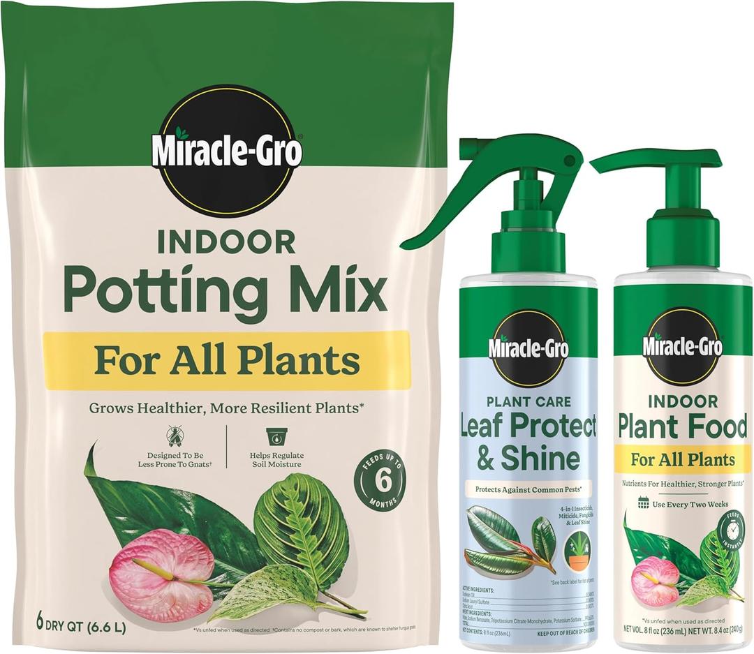 Miracle-Gro Indoor Potting Mix (6 qt.) and Plant Food (8 fl. oz.) for All Plant and Plant Care Leaf Protect & Shine (8 fl. oz.) - Bundle for Growing, Fertilizing, Protecting and Cleaning Houseplants